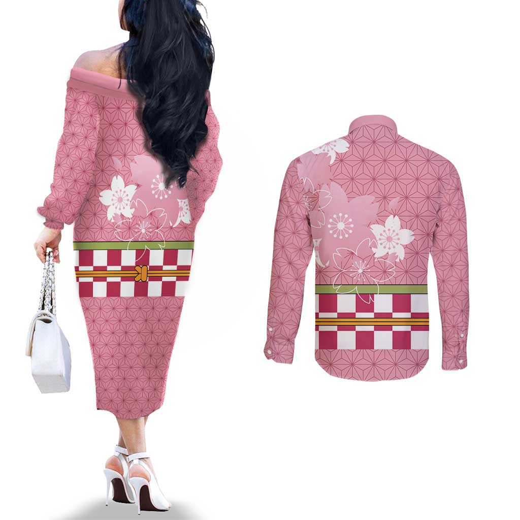 Japanese Asanoha Pattern Couples Matching Off The Shoulder Long Sleeve Dress and Long Sleeve Button Shirt Charm Against Evil Spirits LT9 - Polynesian Pride