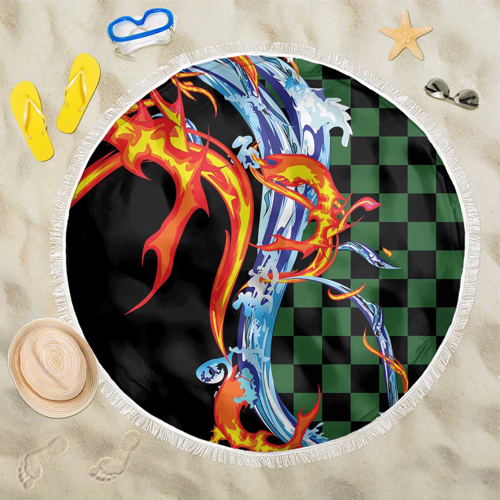 Japanese Asanoha Pattern Beach Blanket Sun Flame Slayer Dragon Hinokami Kagura Spirit LT9 One Size 150cm Green - Polynesian Pride