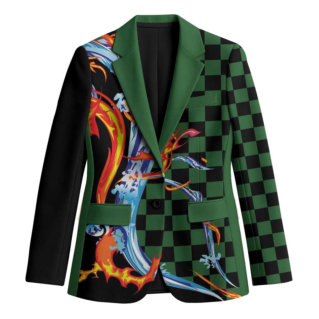 Japanese Asanoha Pattern Blazer Sun Flame Slayer Dragon Hinokami Kagura Spirit LT9 Unisex Green - Polynesian Pride