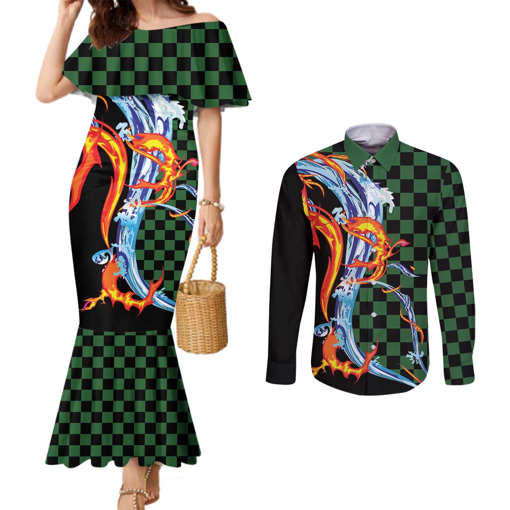Japanese Asanoha Pattern Couples Matching Mermaid Dress and Long Sleeve Button Shirt Sun Flame Slayer Dragon Hinokami Kagura Spirit LT9 Green - Polynesian Pride