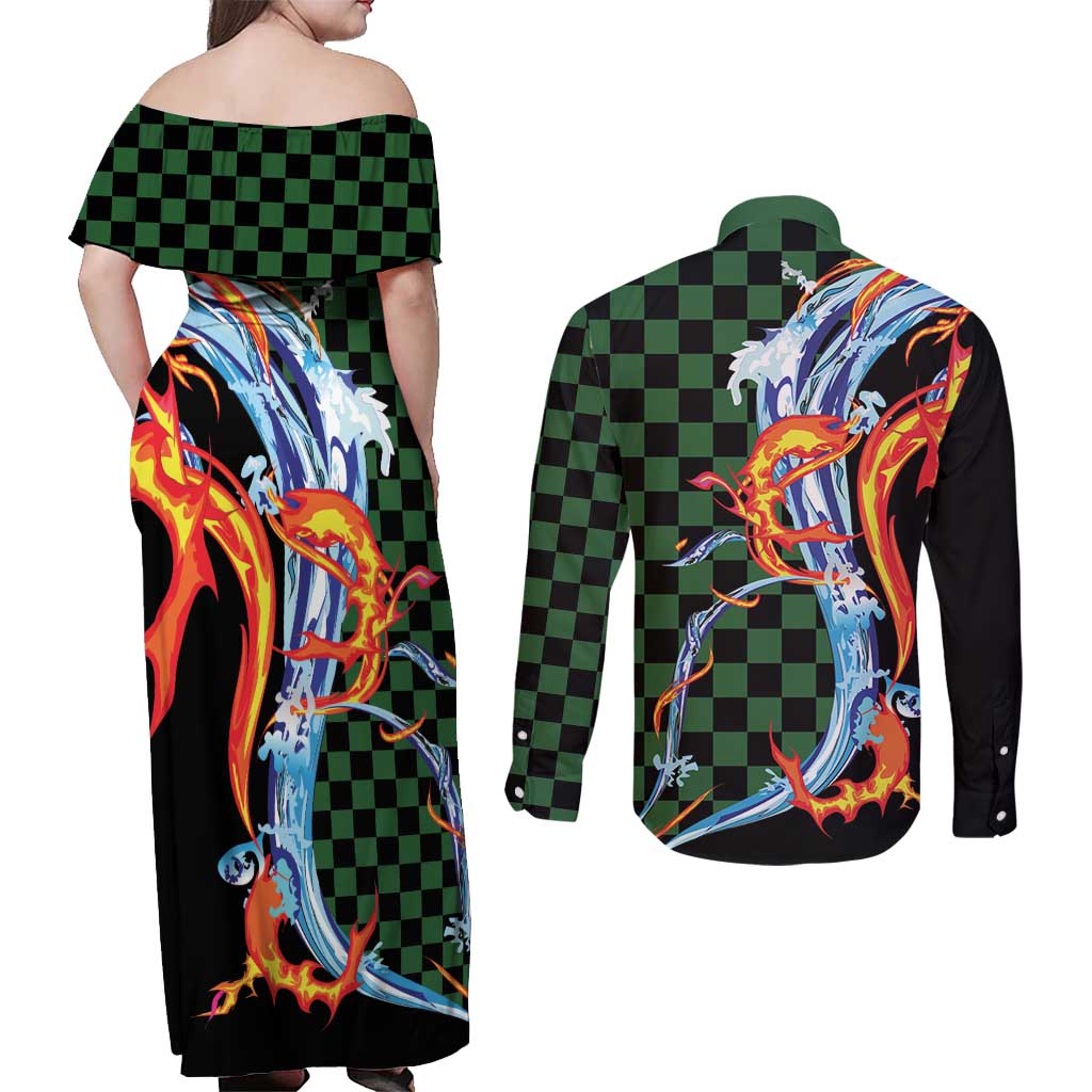 Japanese Asanoha Pattern Couples Matching Off Shoulder Maxi Dress and Long Sleeve Button Shirt Sun Flame Slayer Dragon Hinokami Kagura Spirit - Polynesian Pride