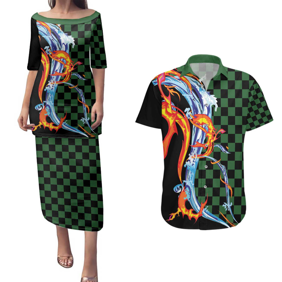 Japanese Asanoha Pattern Couples Matching Puletasi and Hawaiian Shirt Sun Flame Slayer Dragon Hinokami Kagura Spirit - Polynesian Pride