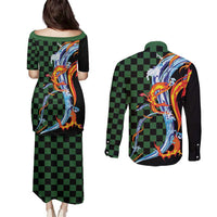 Japanese Asanoha Pattern Couples Matching Puletasi and Long Sleeve Button Shirt Sun Flame Slayer Dragon Hinokami Kagura Spirit - Polynesian Pride