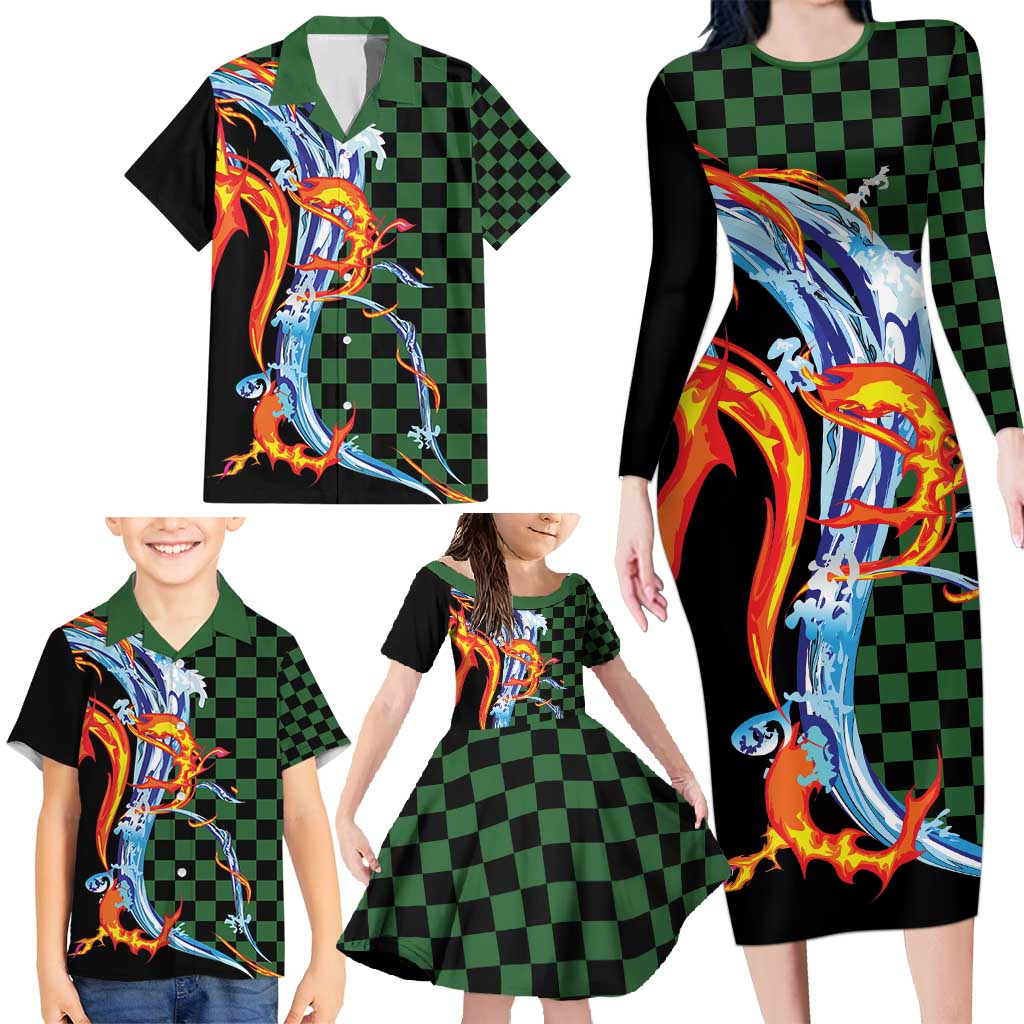 Japanese Asanoha Pattern Family Matching Long Sleeve Bodycon Dress and Hawaiian Shirt Sun Flame Slayer Dragon Hinokami Kagura Spirit - Polynesian Pride