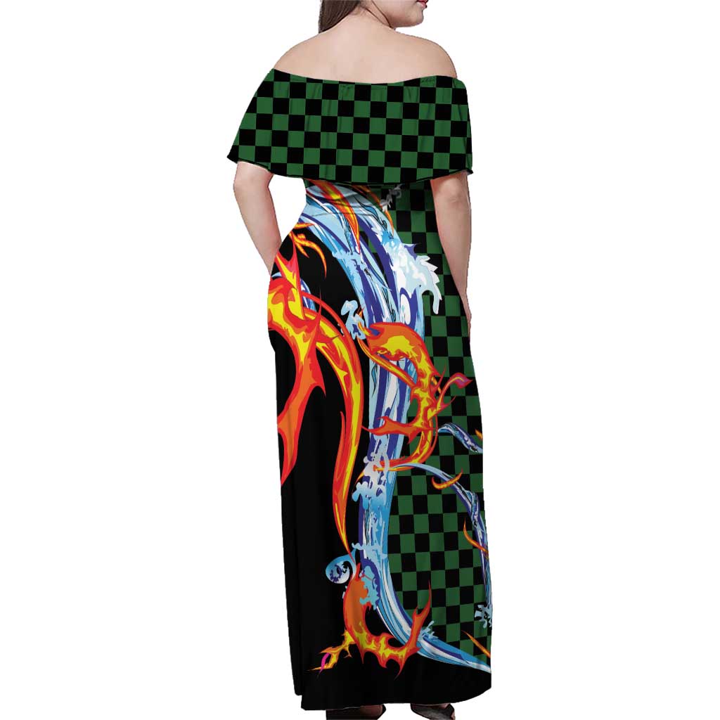 Japanese Asanoha Pattern Family Matching Off Shoulder Maxi Dress and Hawaiian Shirt Sun Flame Slayer Dragon Hinokami Kagura Spirit - Polynesian Pride
