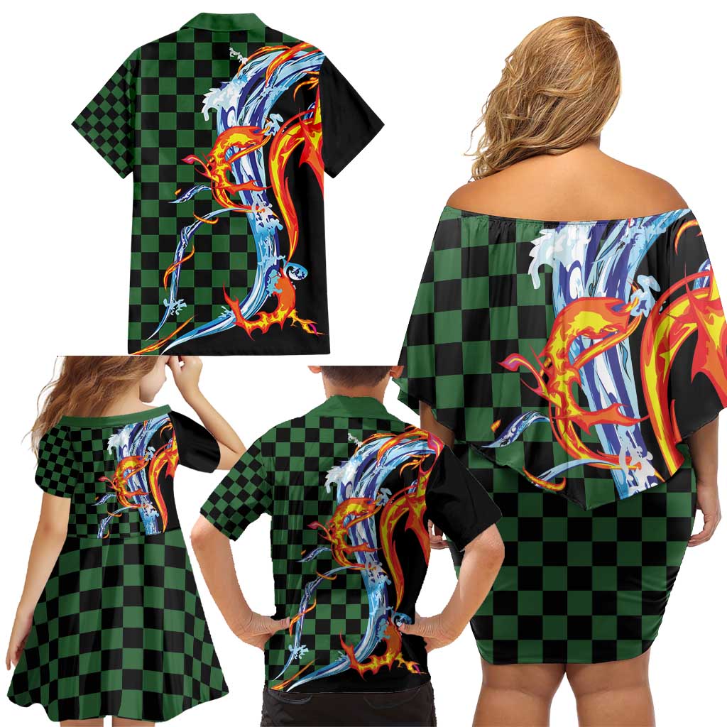 Japanese Asanoha Pattern Family Matching Off Shoulder Short Dress and Hawaiian Shirt Sun Flame Slayer Dragon Hinokami Kagura Spirit - Polynesian Pride