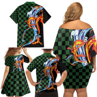 Japanese Asanoha Pattern Family Matching Off Shoulder Short Dress and Hawaiian Shirt Sun Flame Slayer Dragon Hinokami Kagura Spirit - Polynesian Pride