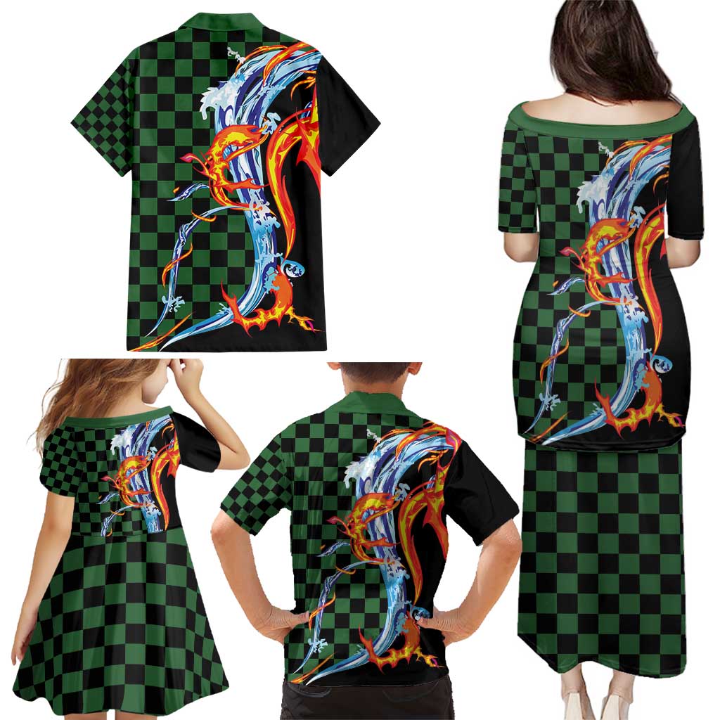 Japanese Asanoha Pattern Family Matching Puletasi and Hawaiian Shirt Sun Flame Slayer Dragon Hinokami Kagura Spirit - Polynesian Pride