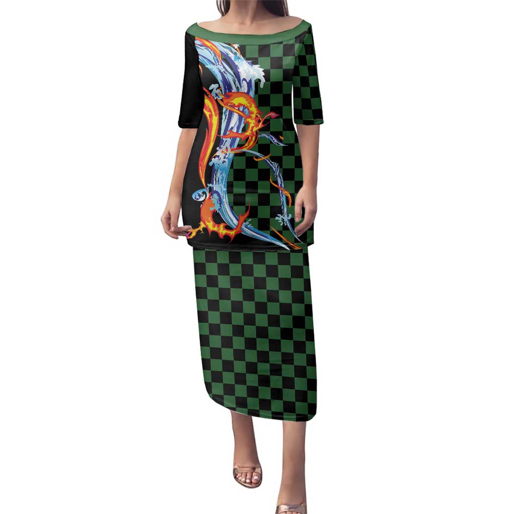 Japanese Asanoha Pattern Family Matching Puletasi and Hawaiian Shirt Sun Flame Slayer Dragon Hinokami Kagura Spirit - Polynesian Pride