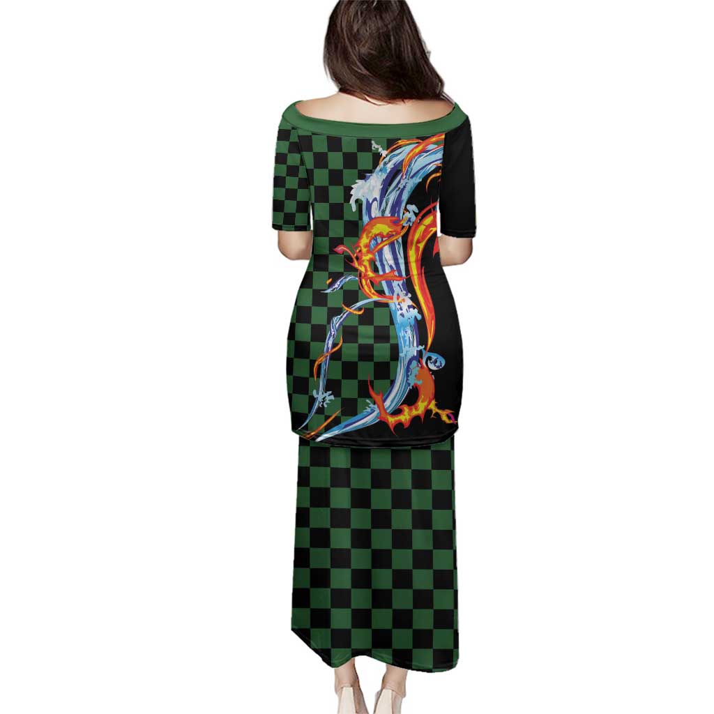 Japanese Asanoha Pattern Family Matching Puletasi and Hawaiian Shirt Sun Flame Slayer Dragon Hinokami Kagura Spirit - Polynesian Pride