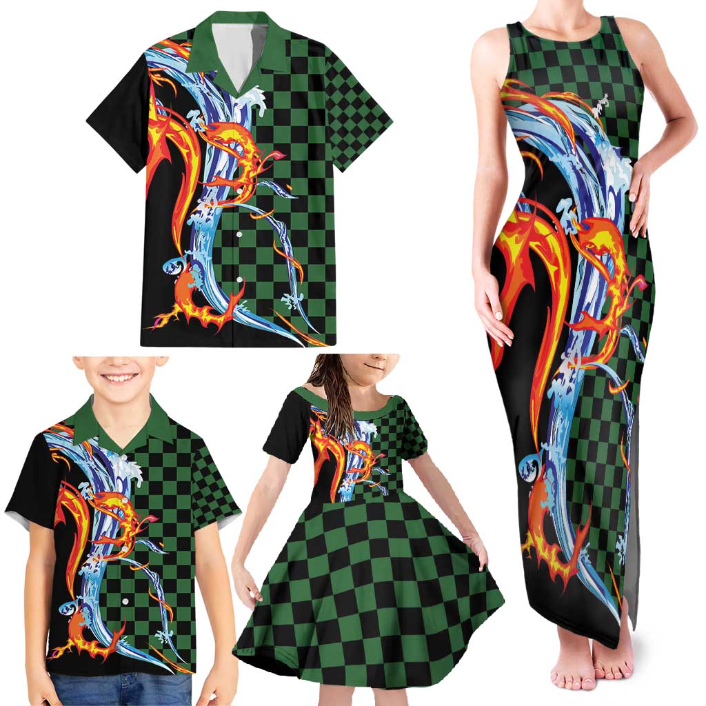 Japanese Asanoha Pattern Family Matching Tank Maxi Dress and Hawaiian Shirt Sun Flame Slayer Dragon Hinokami Kagura Spirit - Polynesian Pride