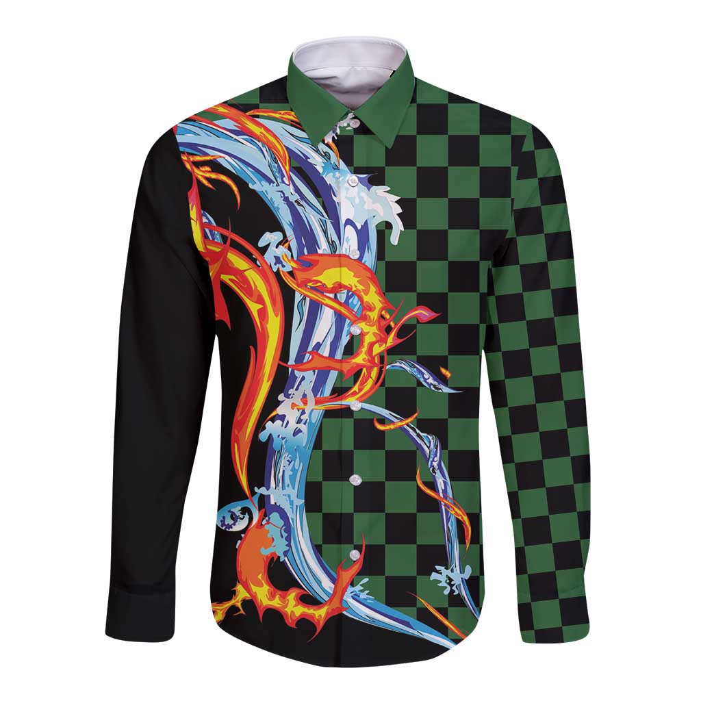 Japanese Asanoha Pattern Long Sleeve Button Shirt Sun Flame Slayer Dragon Hinokami Kagura Spirit LT9 Unisex Green - Polynesian Pride