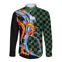 Japanese Asanoha Pattern Long Sleeve Button Shirt Sun Flame Slayer Dragon Hinokami Kagura Spirit LT9 Unisex Green - Polynesian Pride