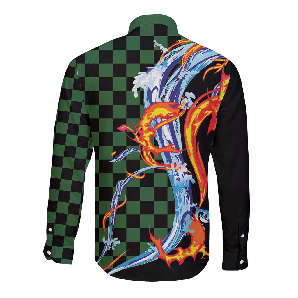 Japanese Asanoha Pattern Long Sleeve Button Shirt Sun Flame Slayer Dragon Hinokami Kagura Spirit LT9 - Polynesian Pride
