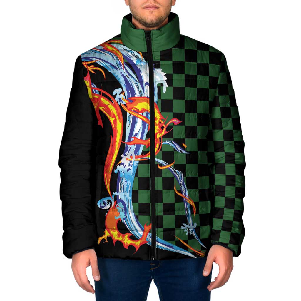Japanese Asanoha Pattern Padded Jacket Sun Flame Slayer Dragon Hinokami Kagura Spirit LT9 Men Green - Polynesian Pride