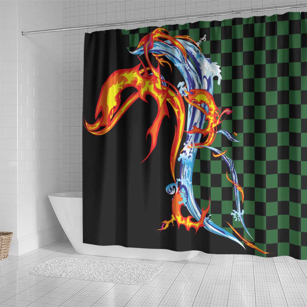 Japanese Asanoha Pattern Shower Curtain Sun Flame Slayer Dragon Hinokami Kagura Spirit - Polynesian Pride