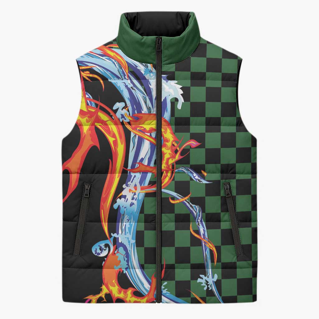 Japanese Asanoha Pattern Sleeveless Puffer Jacket Sun Flame Slayer Dragon Hinokami Kagura Spirit LT9 Unisex Green - Polynesian Pride
