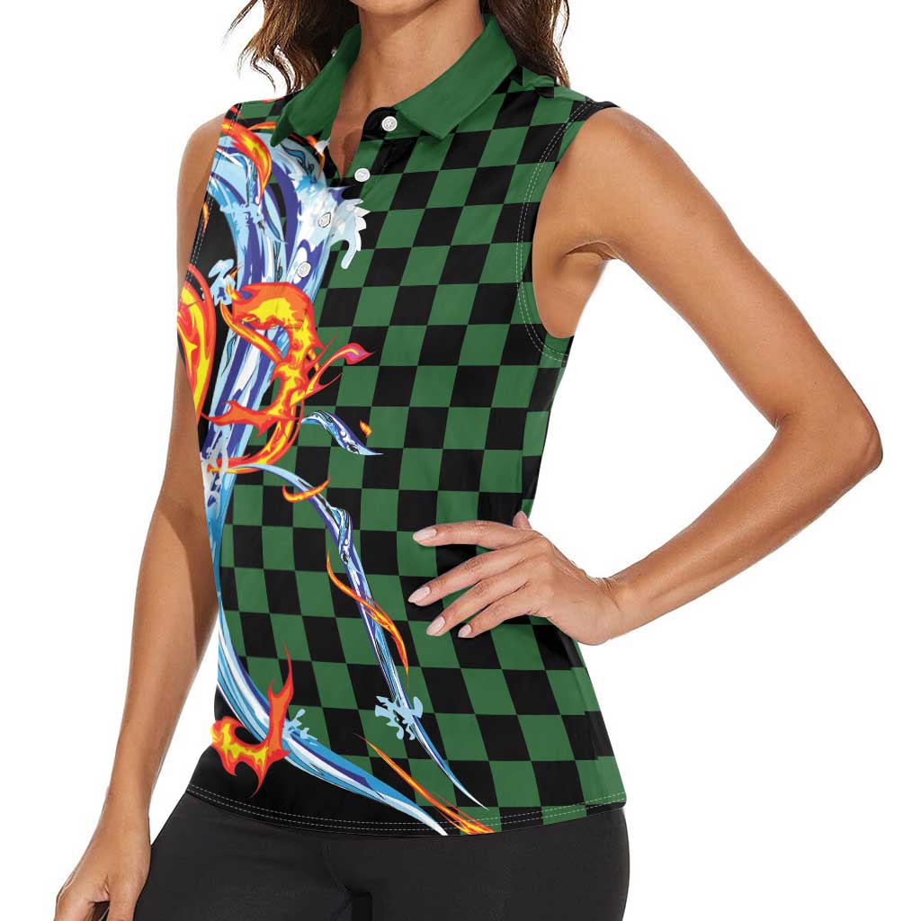 Japanese Asanoha Pattern Women Sleeveless Polo Shirt Sun Flame Slayer Dragon Hinokami Kagura Spirit - Polynesian Pride
