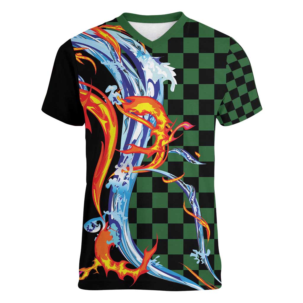 Japanese Asanoha Pattern Women V-Neck T-Shirt Sun Flame Slayer Dragon Hinokami Kagura Spirit - Polynesian Pride