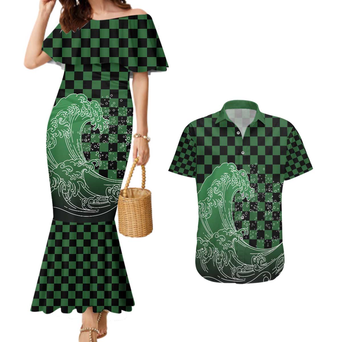 Japanese Asanoha Pattern Couples Matching Mermaid Dress and Hawaiian Shirt Water Breathing Slayer Dragon - Polynesian Pride