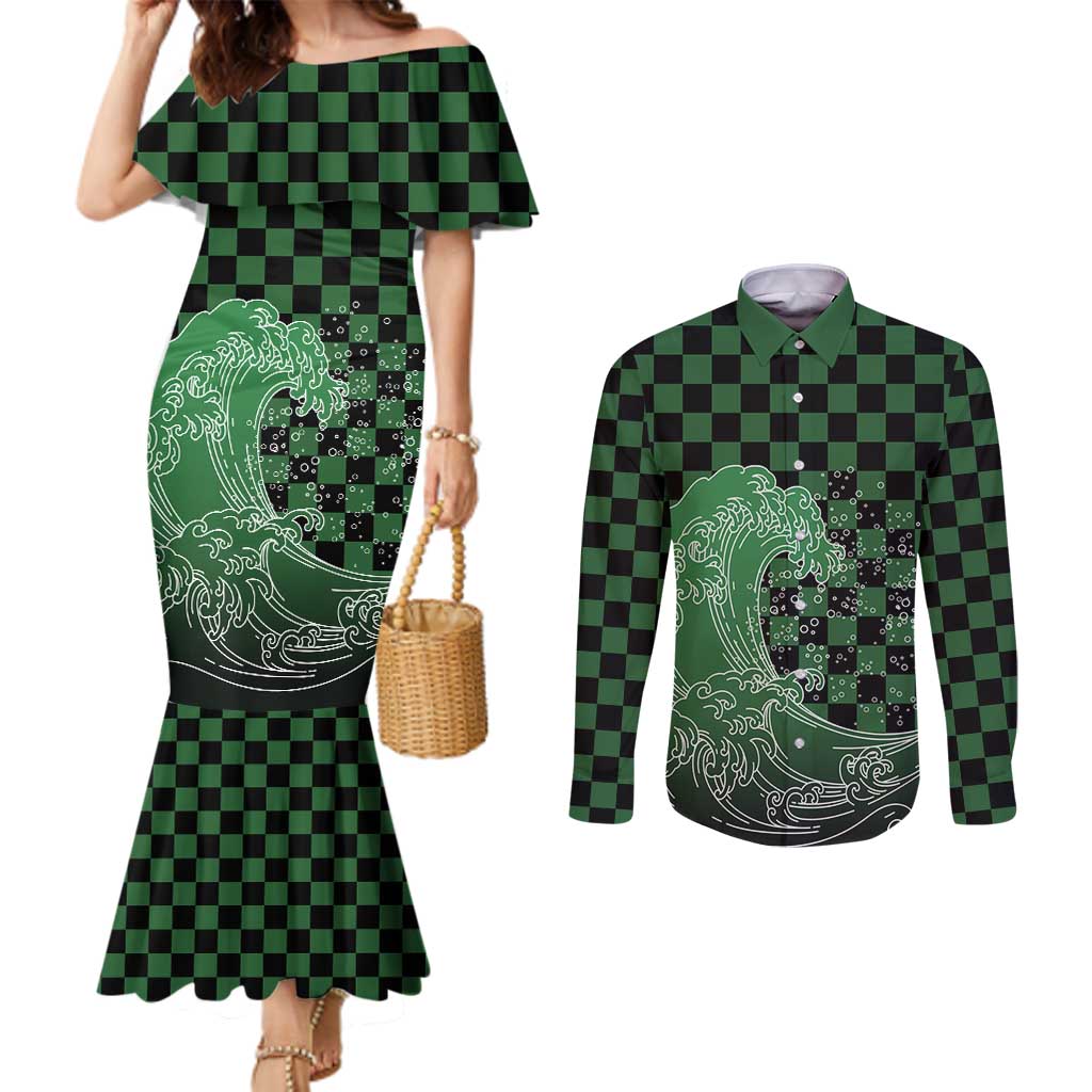 Japanese Asanoha Pattern Couples Matching Mermaid Dress and Long Sleeve Button Shirt Water Breathing Slayer Dragon LT9 Green - Polynesian Pride