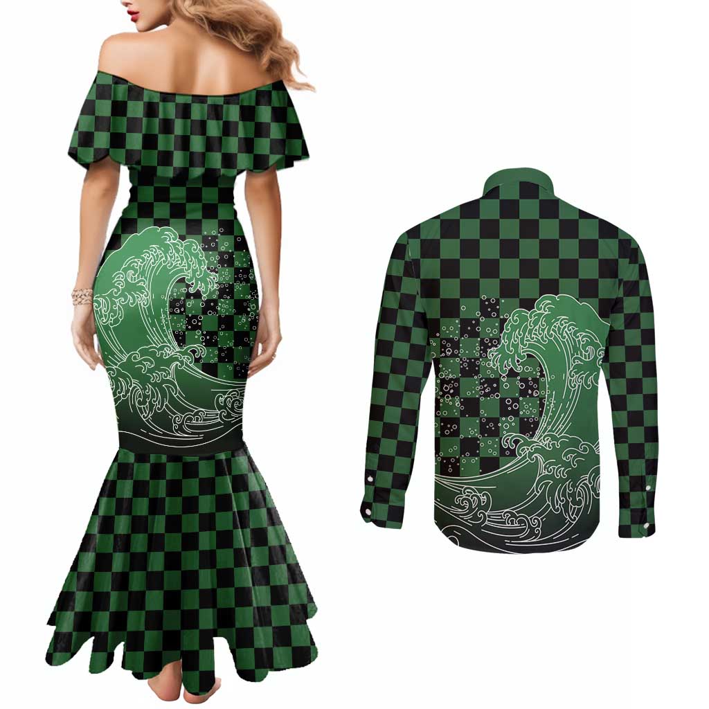 Japanese Asanoha Pattern Couples Matching Mermaid Dress and Long Sleeve Button Shirt Water Breathing Slayer Dragon - Polynesian Pride