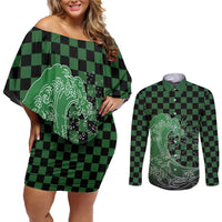 Japanese Asanoha Pattern Couples Matching Off Shoulder Short Dress and Long Sleeve Button Shirt Water Breathing Slayer Dragon LT9 Green - Polynesian Pride