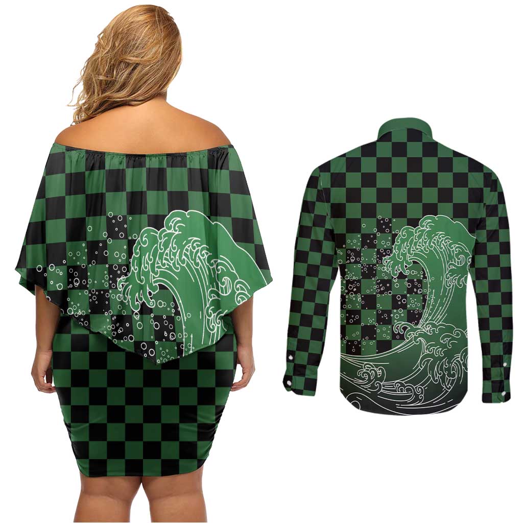Japanese Asanoha Pattern Couples Matching Off Shoulder Short Dress and Long Sleeve Button Shirt Water Breathing Slayer Dragon LT9 - Polynesian Pride