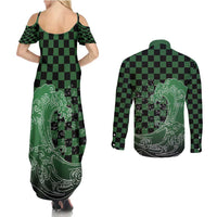 Japanese Asanoha Pattern Couples Matching Summer Maxi Dress and Long Sleeve Button Shirt Water Breathing Slayer Dragon LT9 - Polynesian Pride