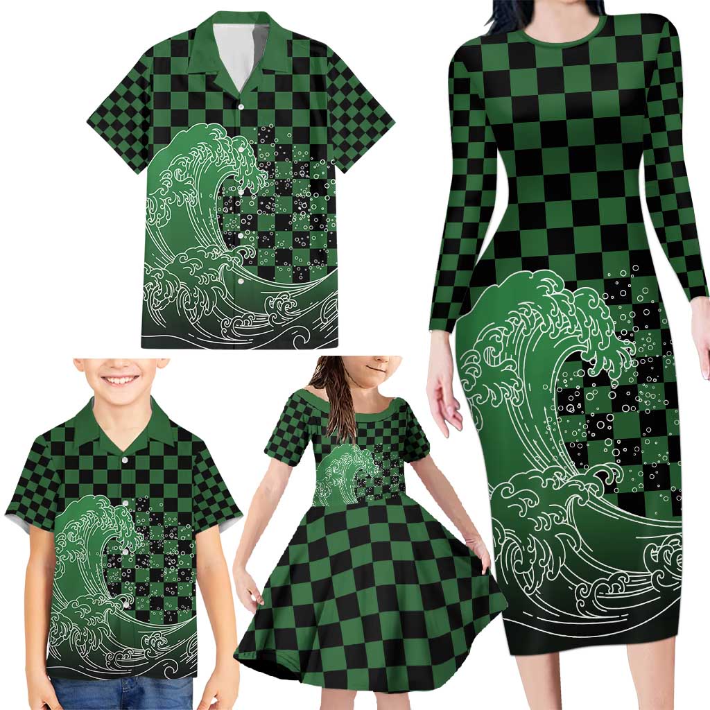 Japanese Asanoha Pattern Family Matching Long Sleeve Bodycon Dress and Hawaiian Shirt Water Breathing Slayer Dragon - Polynesian Pride