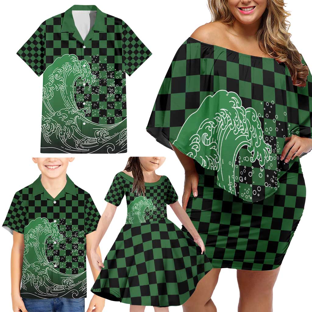 Japanese Asanoha Pattern Family Matching Off Shoulder Short Dress and Hawaiian Shirt Water Breathing Slayer Dragon - Polynesian Pride