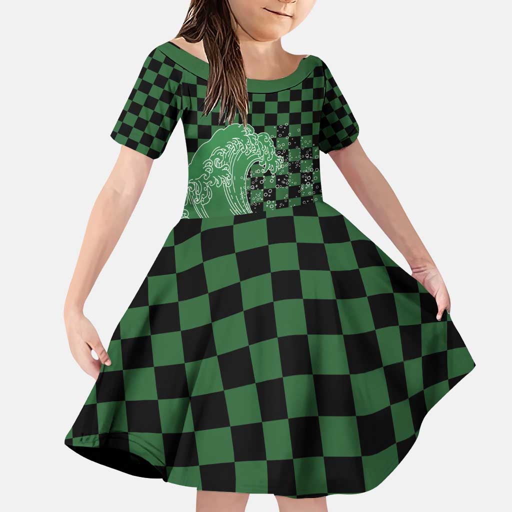 Japanese Asanoha Pattern Family Matching Puletasi and Hawaiian Shirt Water Breathing Slayer Dragon LT9 Daughter's Dress Green - Polynesian Pride