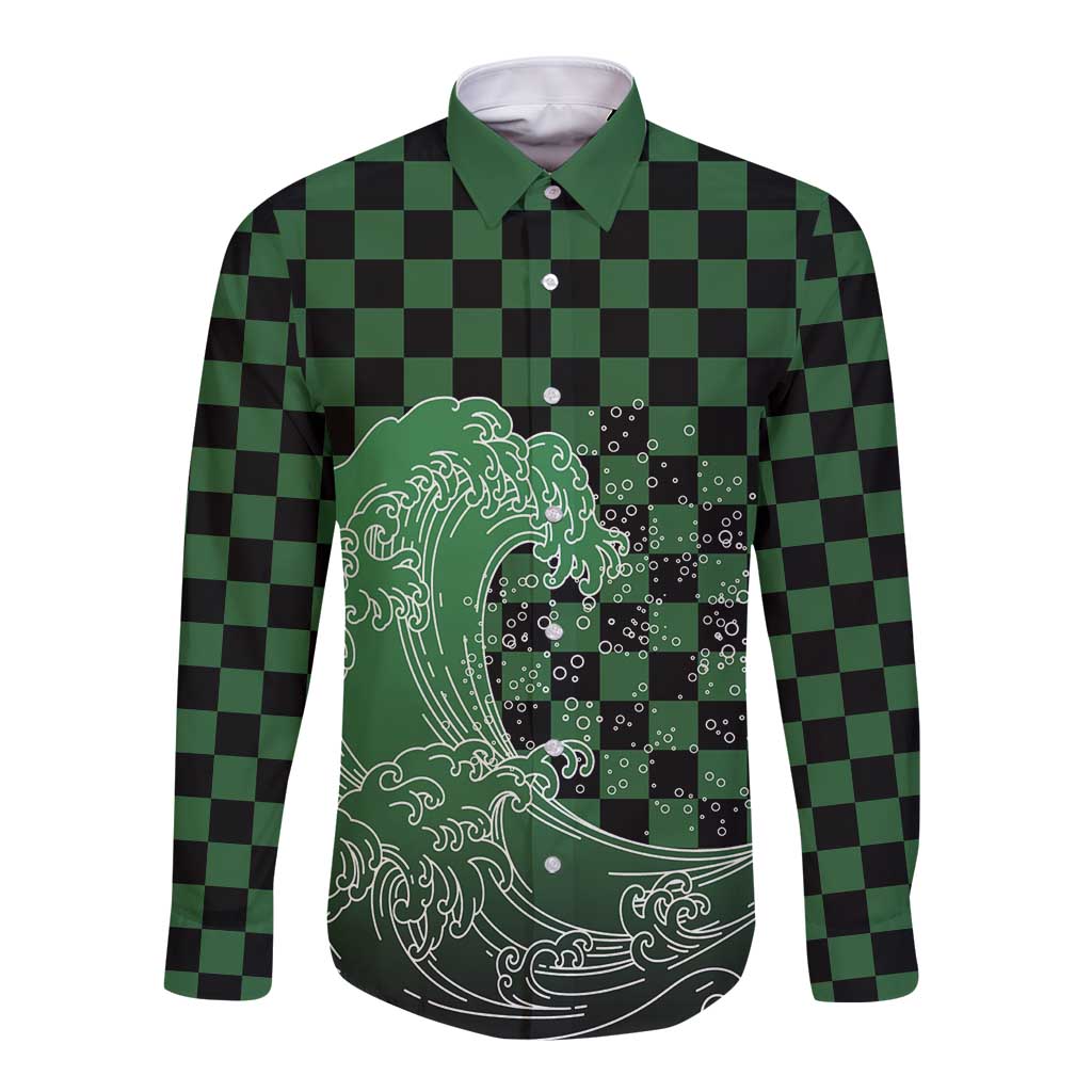 Japanese Asanoha Pattern Long Sleeve Button Shirt Water Breathing Slayer Dragon LT9 Unisex Green - Polynesian Pride
