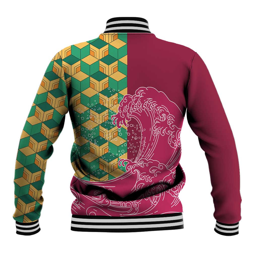 Japanese Bishamon-Kikkou Pattern Baseball Jacket Water Pillar Silent River Flow - Polynesian Pride