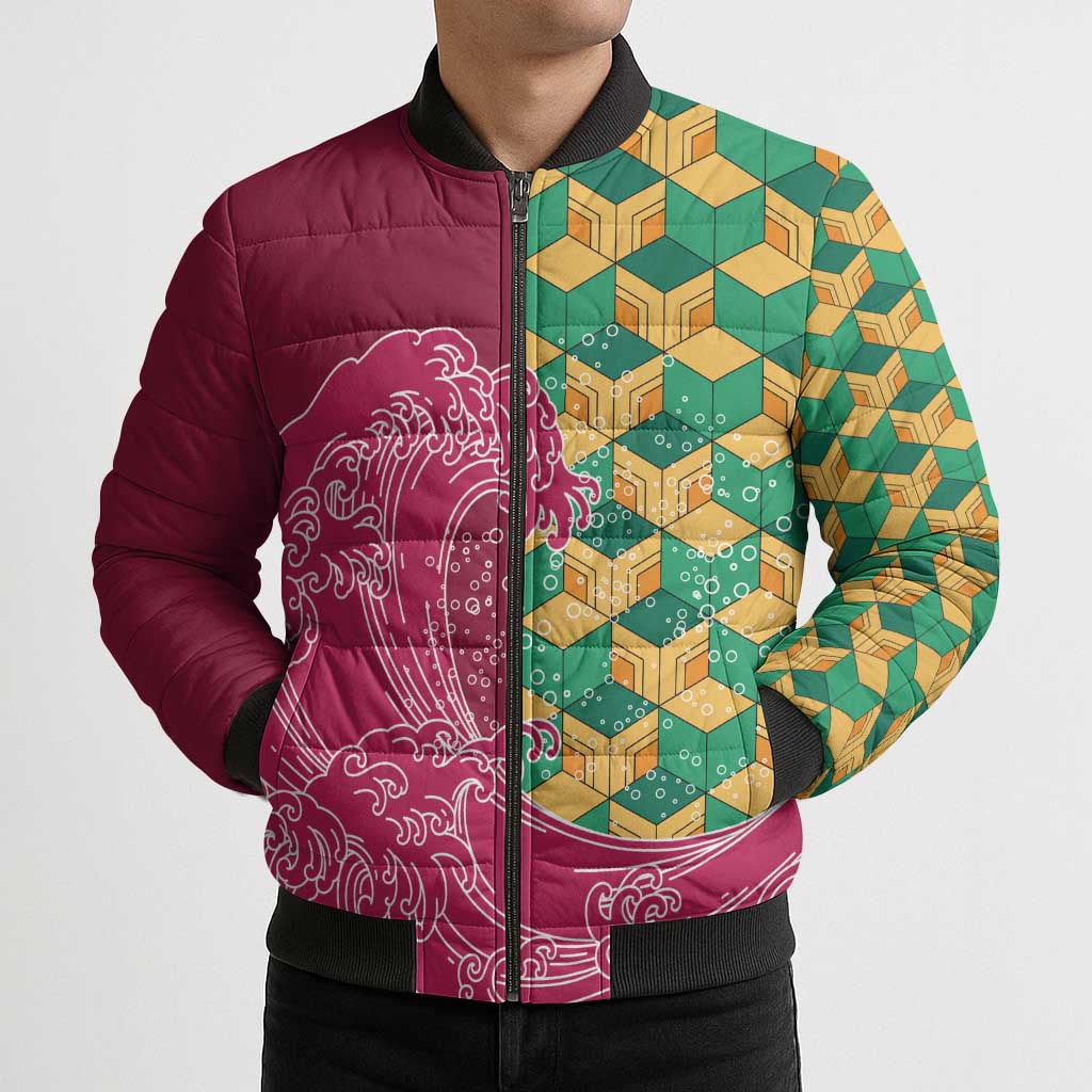 Japanese Bishamon-Kikkou Pattern Bomber Puffer Jacket Water Pillar Silent River Flow LT9 - Polynesian Pride