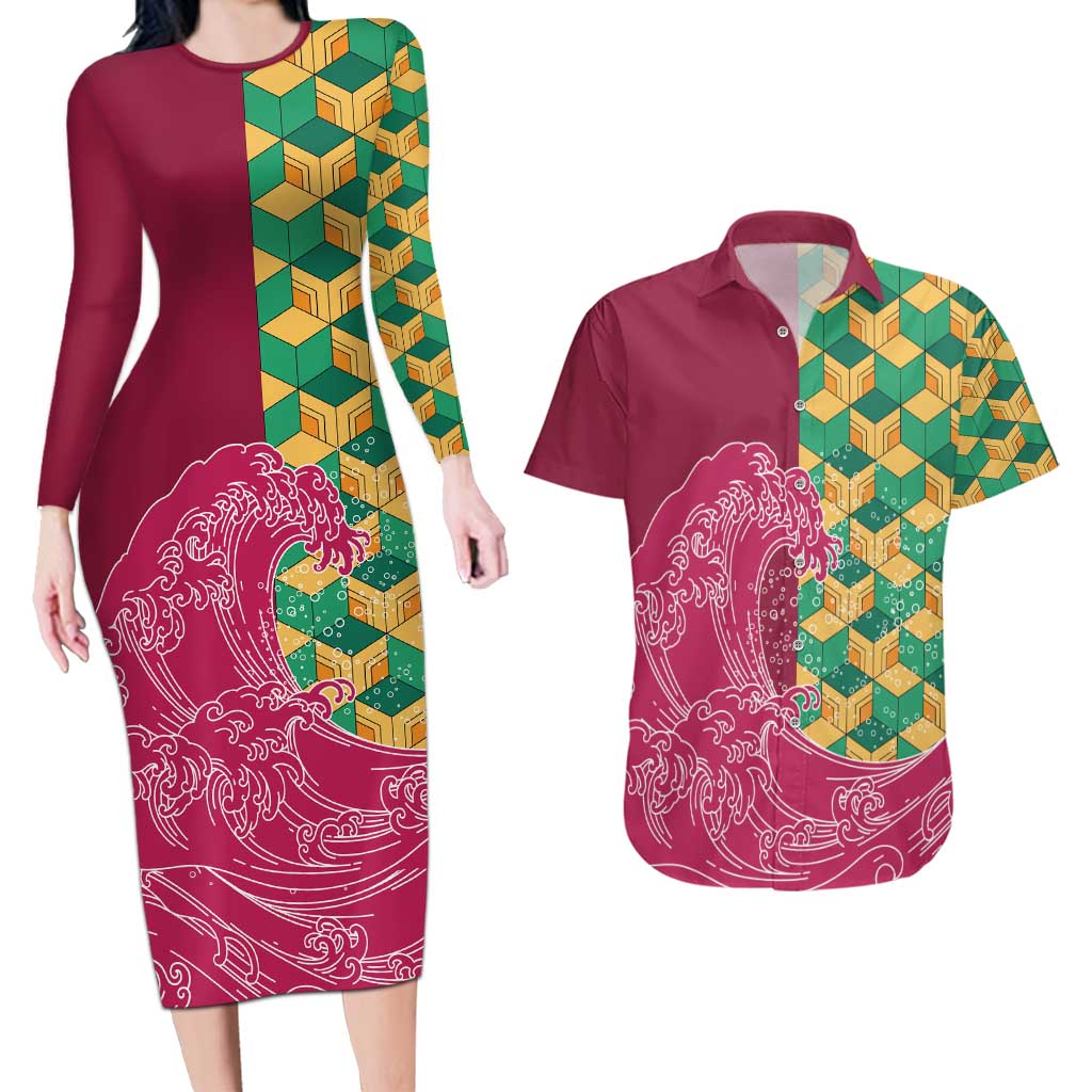 Japanese Bishamon-Kikkou Pattern Couples Matching Long Sleeve Bodycon Dress and Hawaiian Shirt Water Pillar Silent River Flow - Polynesian Pride