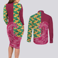 Japanese Bishamon-Kikkou Pattern Couples Matching Long Sleeve Bodycon Dress and Long Sleeve Button Shirt Water Pillar Silent River Flow LT9 - Polynesian Pride
