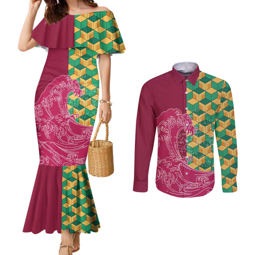 Japanese Bishamon-Kikkou Pattern Couples Matching Mermaid Dress and Long Sleeve Button Shirt Water Pillar Silent River Flow LT9 Burgundy - Polynesian Pride