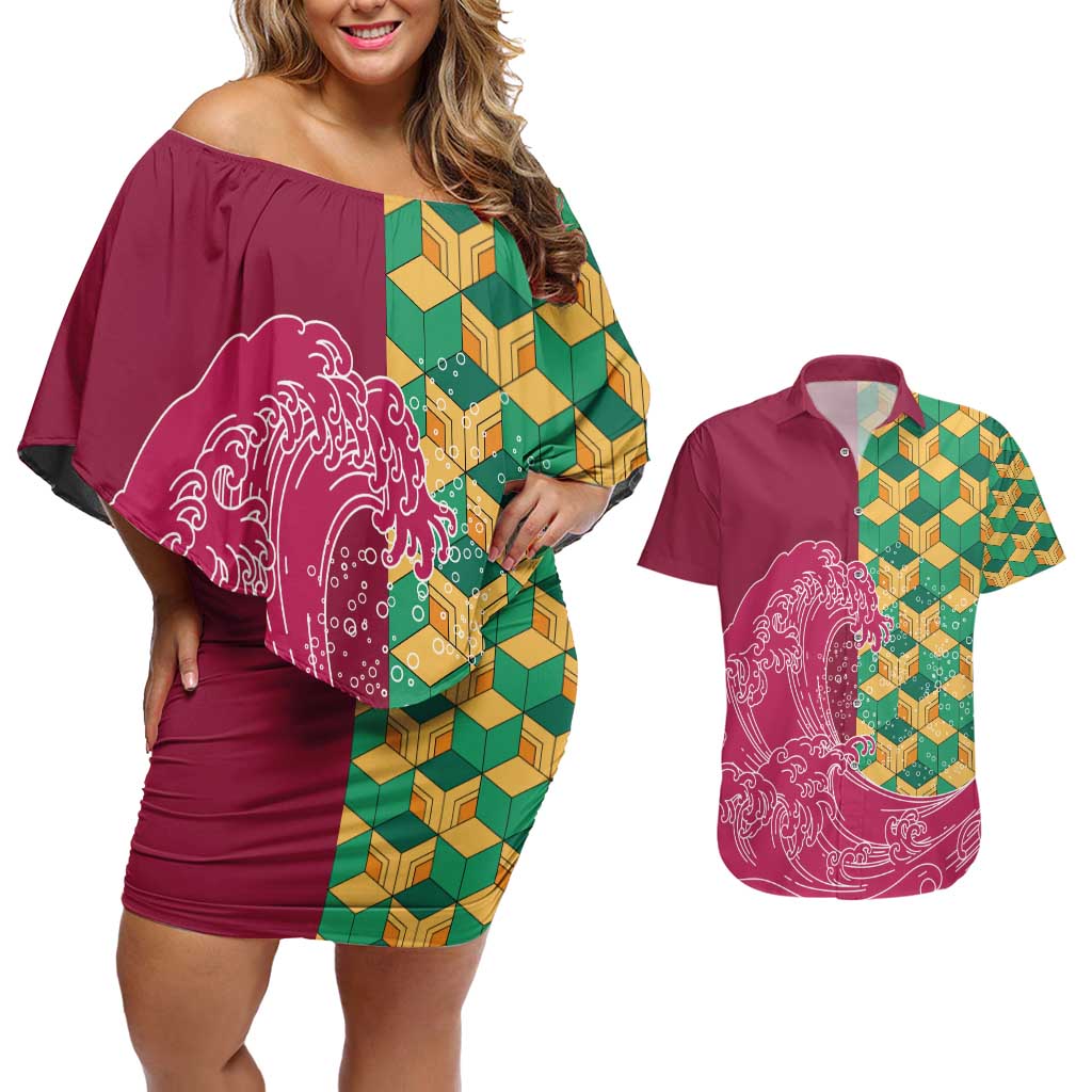 Japanese Bishamon-Kikkou Pattern Couples Matching Off Shoulder Short Dress and Hawaiian Shirt Water Pillar Silent River Flow - Polynesian Pride