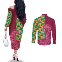 Japanese Bishamon-Kikkou Pattern Couples Matching Off The Shoulder Long Sleeve Dress and Long Sleeve Button Shirt Water Pillar Silent River Flow LT9 - Polynesian Pride