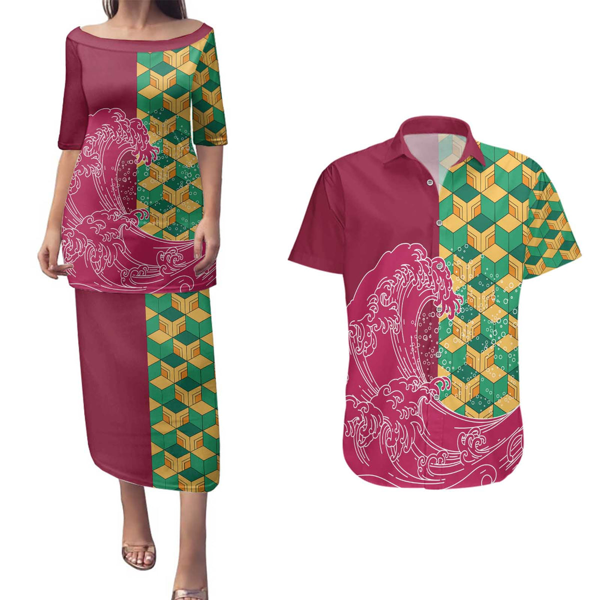 Japanese Bishamon-Kikkou Pattern Couples Matching Puletasi and Hawaiian Shirt Water Pillar Silent River Flow LT9 Burgundy - Polynesian Pride