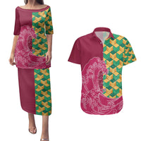 Japanese Bishamon-Kikkou Pattern Couples Matching Puletasi and Hawaiian Shirt Water Pillar Silent River Flow LT9 Burgundy - Polynesian Pride