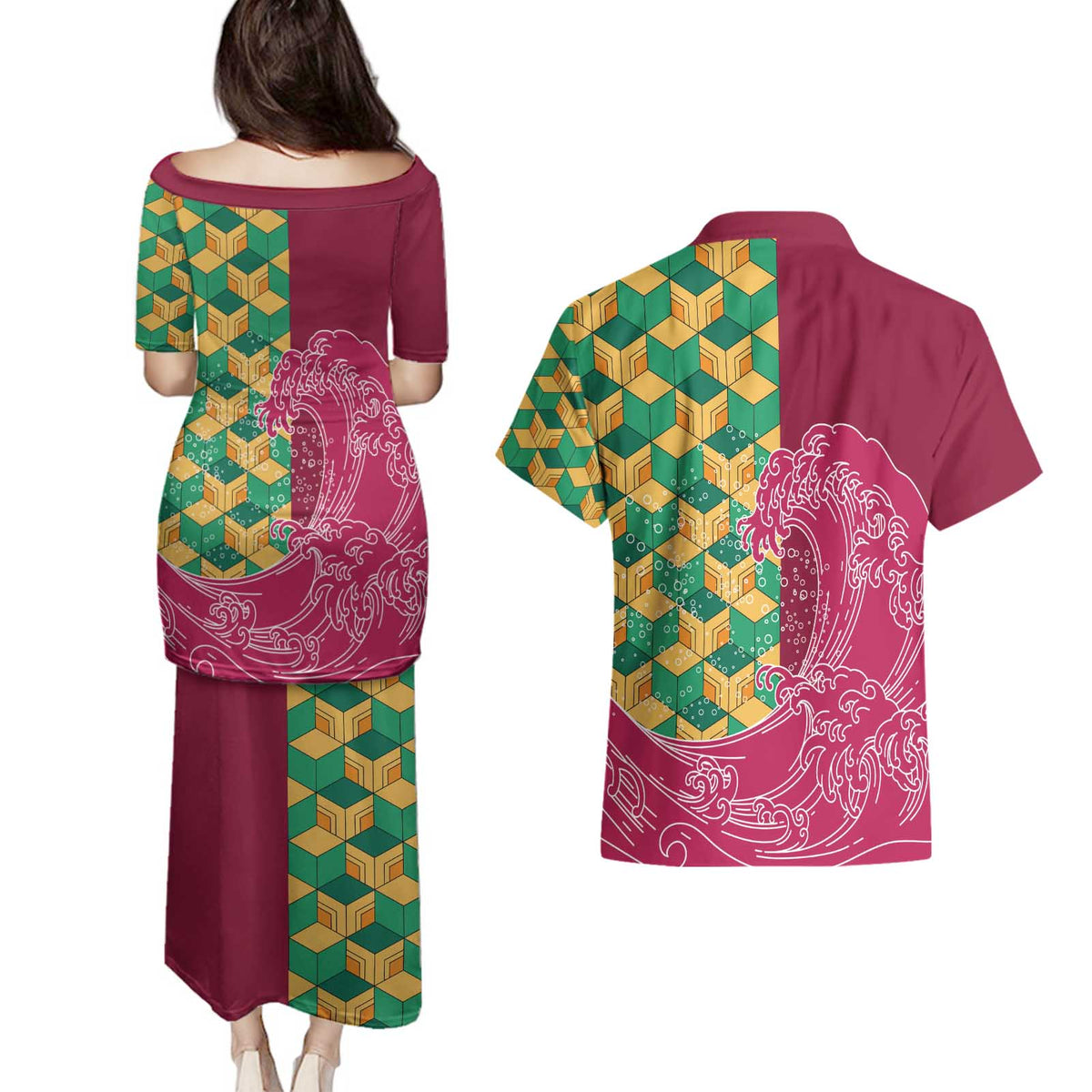 Japanese Bishamon-Kikkou Pattern Couples Matching Puletasi and Hawaiian Shirt Water Pillar Silent River Flow LT9 - Polynesian Pride