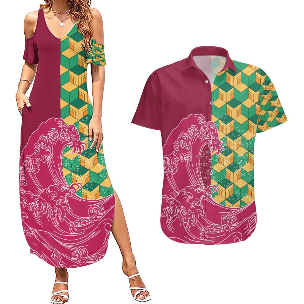 Japanese Bishamon-Kikkou Pattern Couples Matching Summer Maxi Dress and Hawaiian Shirt Water Pillar Silent River Flow - Polynesian Pride