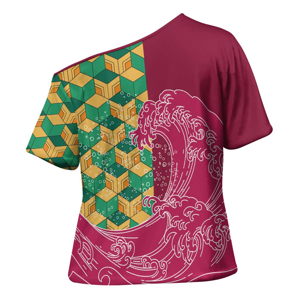 Japanese Bishamon-Kikkou Pattern Cross Shoulder Shirt Water Pillar Silent River Flow LT9 - Polynesian Pride