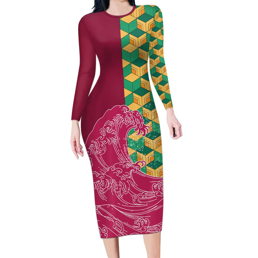 Japanese Bishamon-Kikkou Pattern Family Matching Long Sleeve Bodycon Dress and Hawaiian Shirt Water Pillar Silent River Flow - Polynesian Pride
