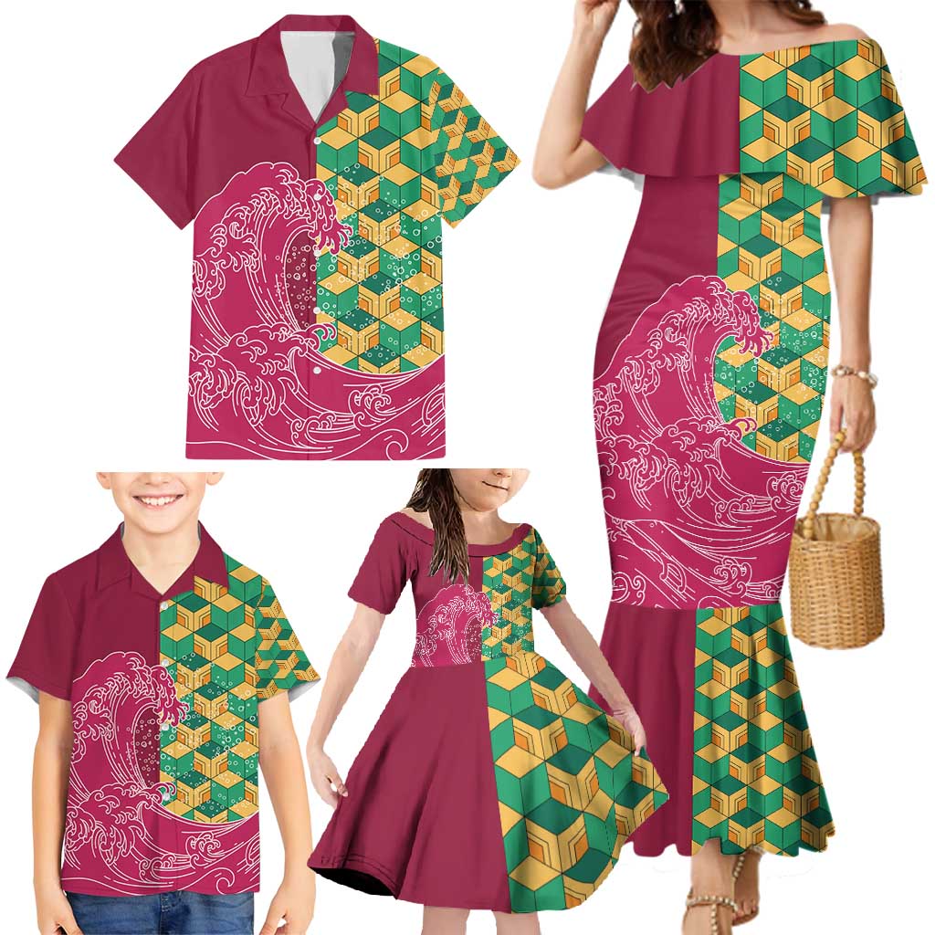 Japanese Bishamon-Kikkou Pattern Family Matching Mermaid Dress and Hawaiian Shirt Water Pillar Silent River Flow - Polynesian Pride