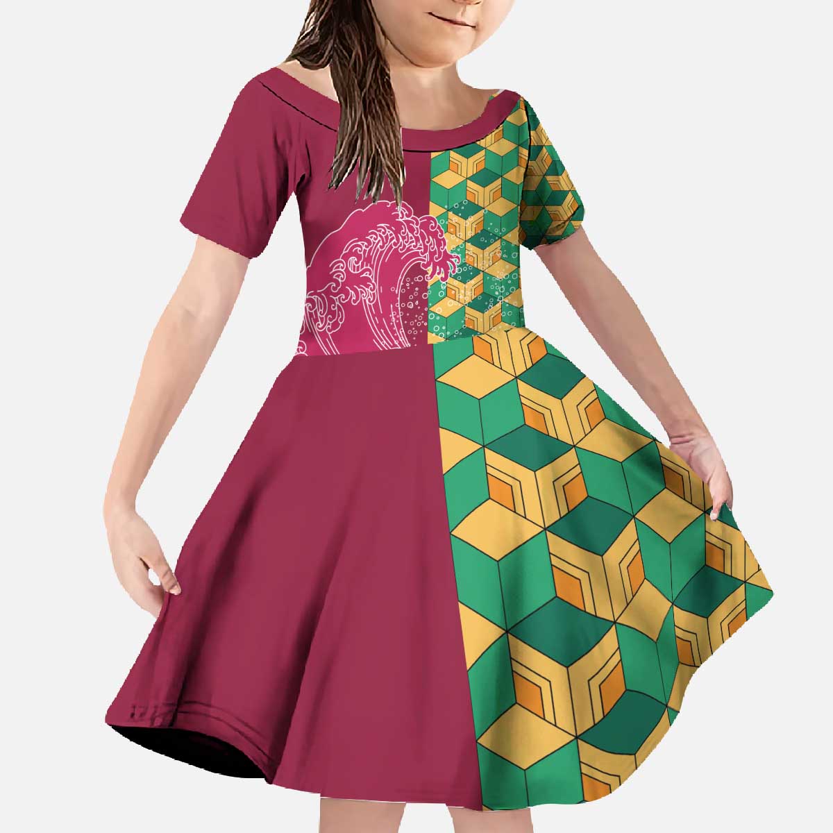 Japanese Bishamon-Kikkou Pattern Family Matching Off The Shoulder Long Sleeve Dress and Hawaiian Shirt Water Pillar Silent River Flow - Polynesian Pride