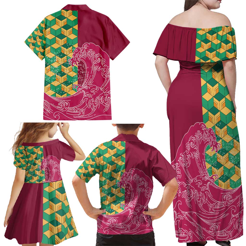 Japanese Bishamon-Kikkou Pattern Family Matching Off Shoulder Maxi Dress and Hawaiian Shirt Water Pillar Silent River Flow - Polynesian Pride