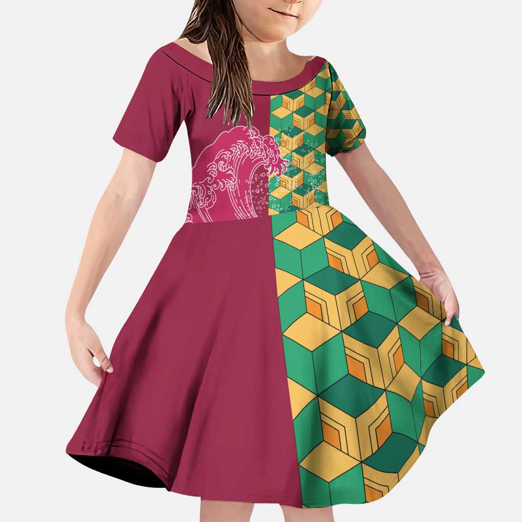 Japanese Bishamon-Kikkou Pattern Family Matching Puletasi and Hawaiian Shirt Water Pillar Silent River Flow LT9 Daughter's Dress Burgundy - Polynesian Pride